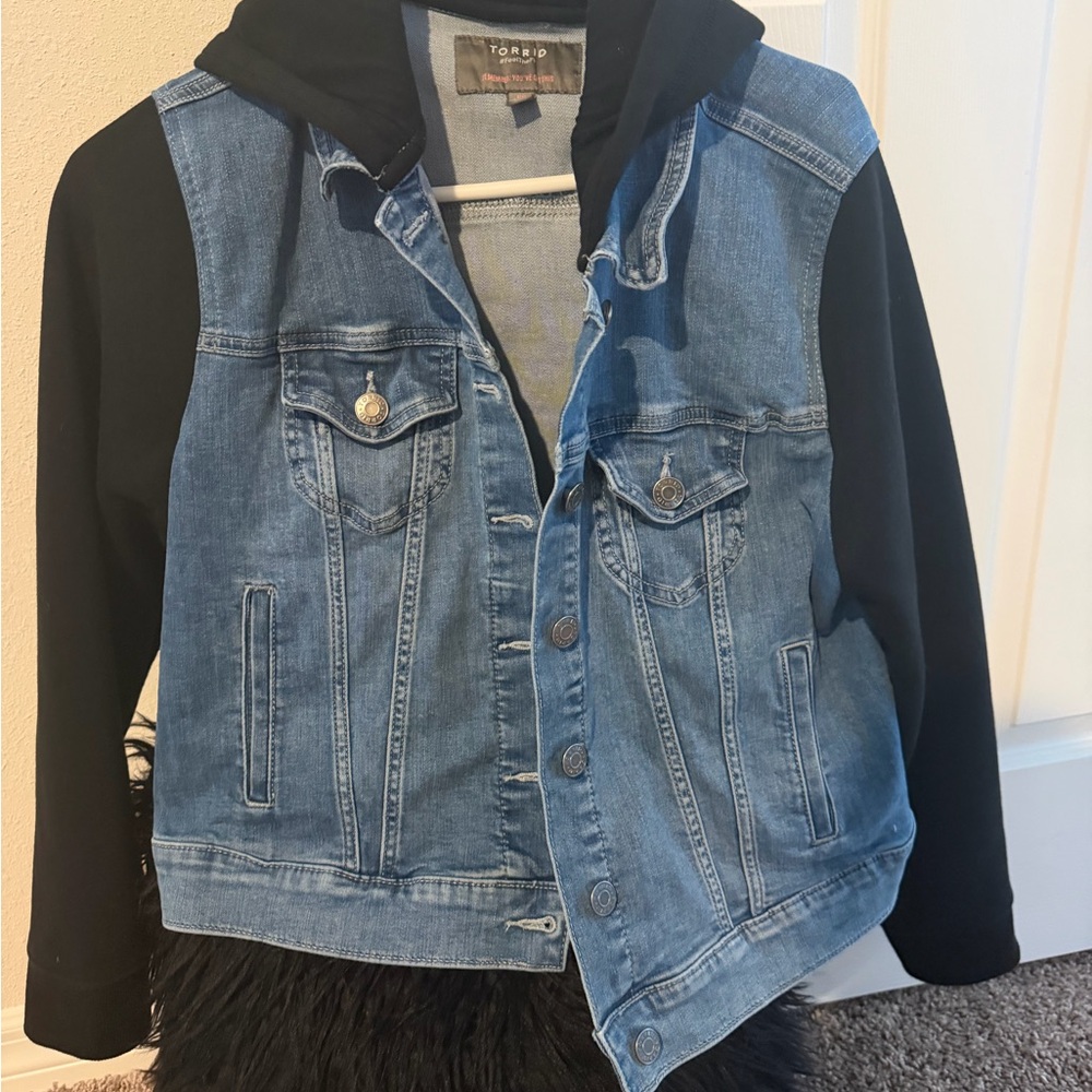 Denim and Black Hooded Jacket